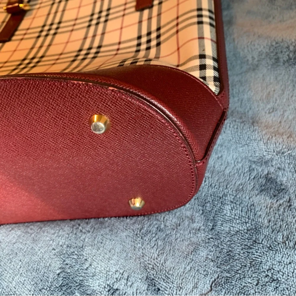 Burberry Beige Check Tote with Burgundy Trim